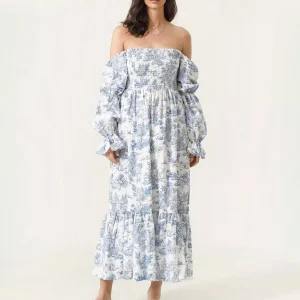 Bohemian With Off-Shoulder Print Puffed Sleeves Midi Dress