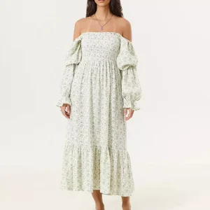 Bohemian With Off-Shoulder Print Puffed Sleeves Midi Dress