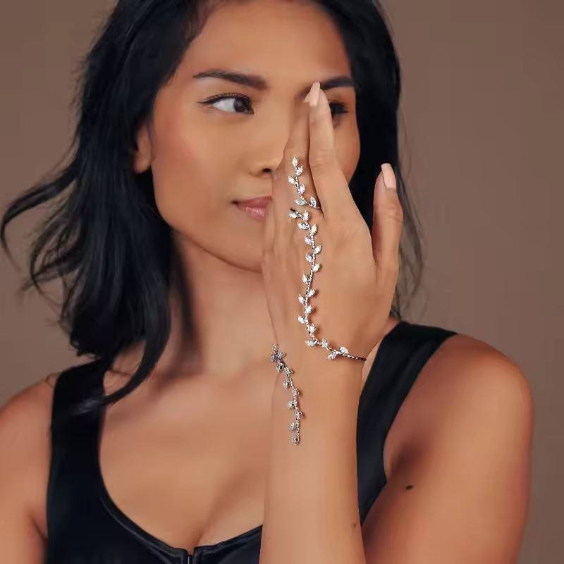 Boho Adjustable Leaf Cubic Zircon Handmade Bridal Hand Piece Wedding Bangle