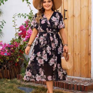 Boho Floral Print A-line Surplice Neck Butterfly Sleeve Belted Plus Size Midi Dress