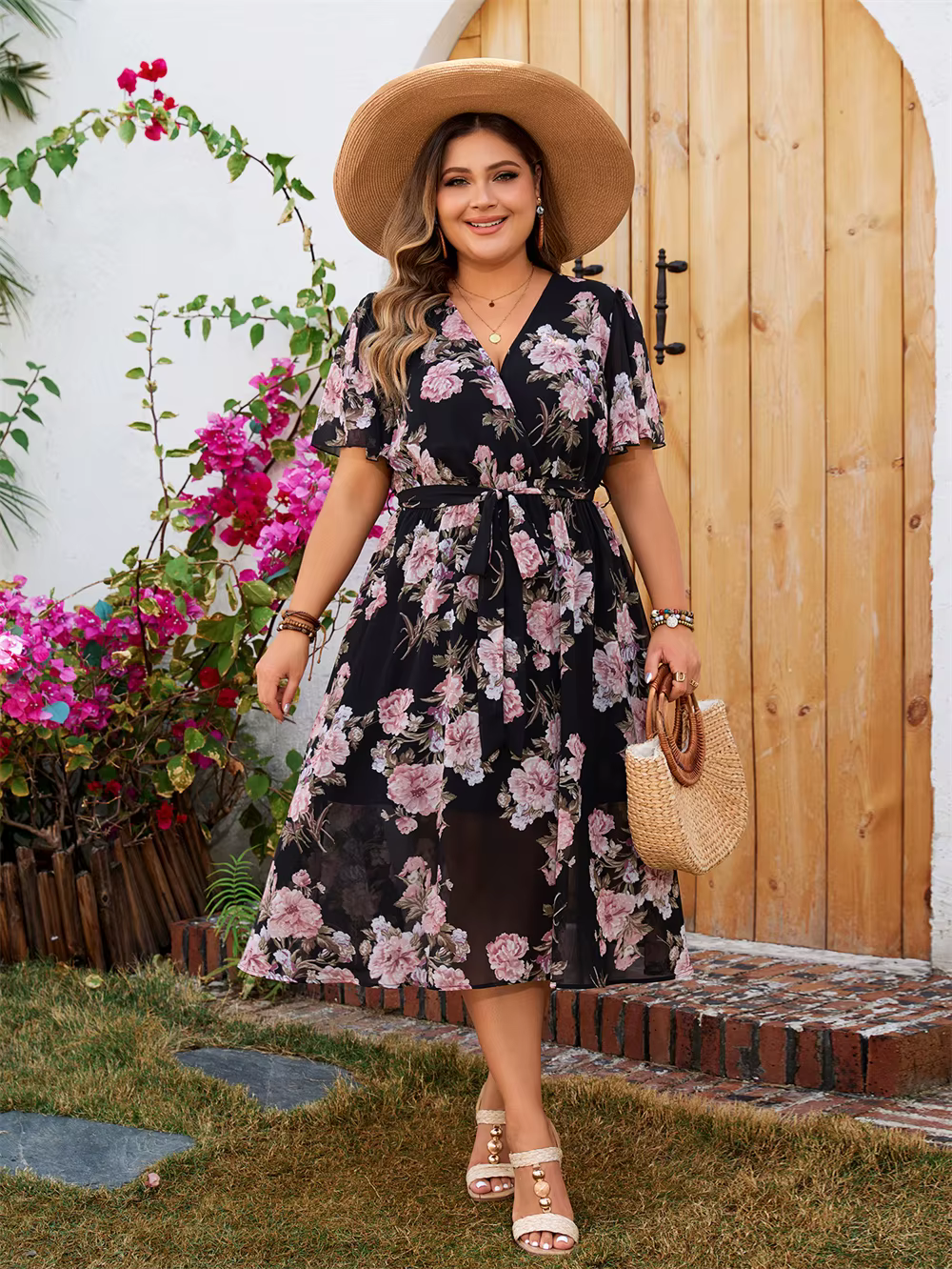 Boho Floral Print A-line Surplice Neck Butterfly Sleeve Belted Plus Size Midi Dress