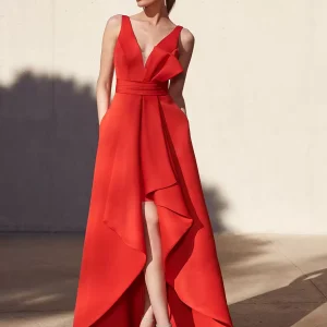 Casual A-Line V-Neck Floor-Length Sleeveless Backless Pleated Satin Fabric Formal Evening Party Dresses