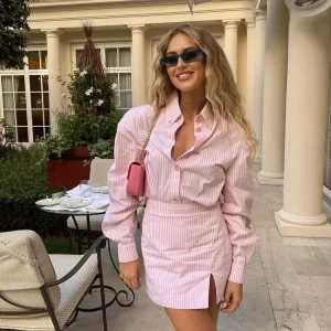 Casual A-line Striped Long Sleeve Shirt And Mini Short Skirt Two Pieces Set