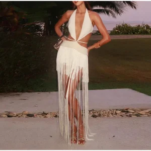 Casual Backless Holiday Sleeveless Lace Halter Tassels See-through Hollow Out Long Maxi Dress