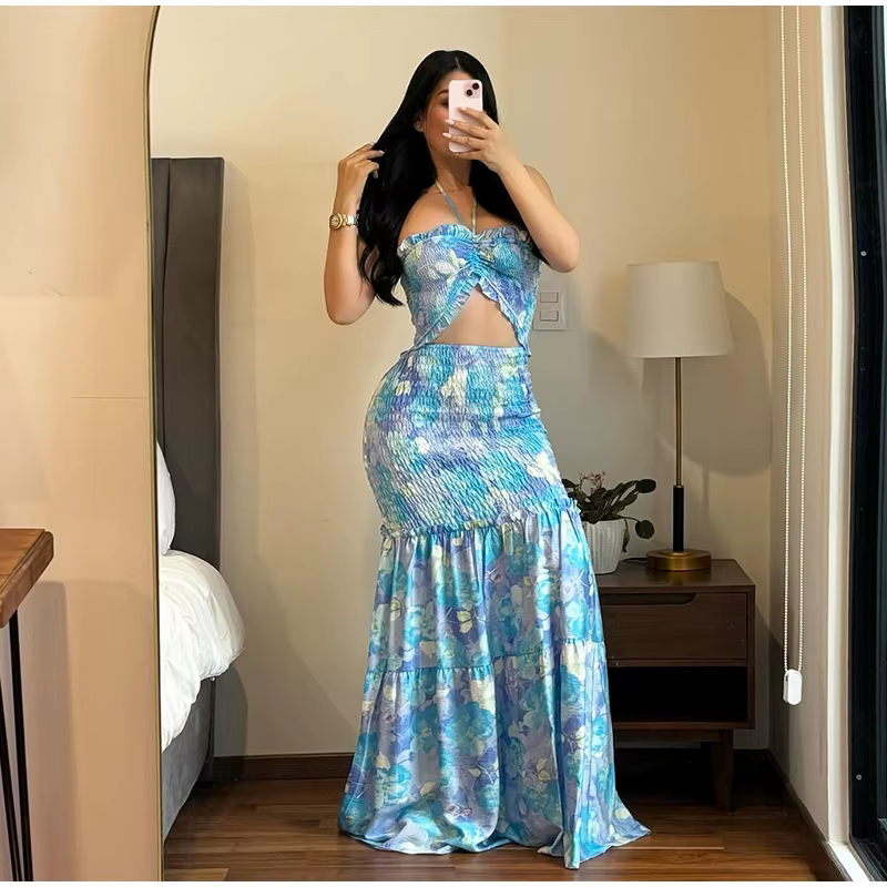 Casual Backless Off Shoulder Patchwork Ruffle Hollow Out Printed Halter Long Maxi Dress