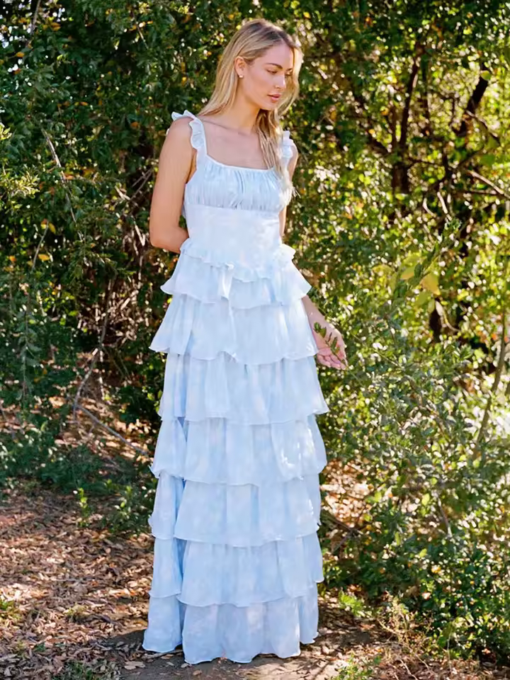 Casual Backless Spaghetti Strap Square Collar Sleeveless Ruffled Maxi Dress