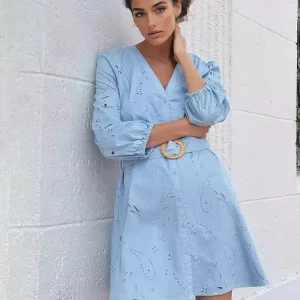 Casual Belted V-Neck Lantern Long Sleeve Street Wear Mini Dress