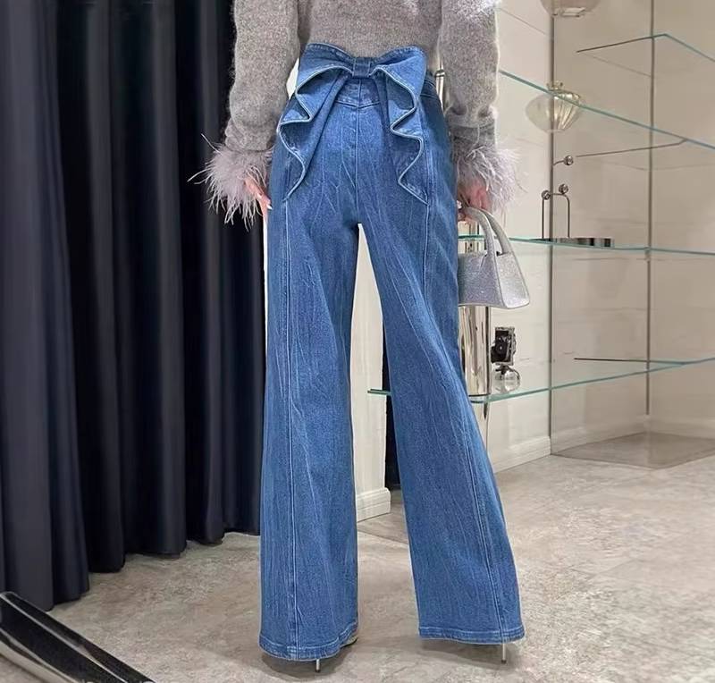 Casual Big Bow Ruffles Design High Waist Flare Slim Fit Denim Jeans - Image 2