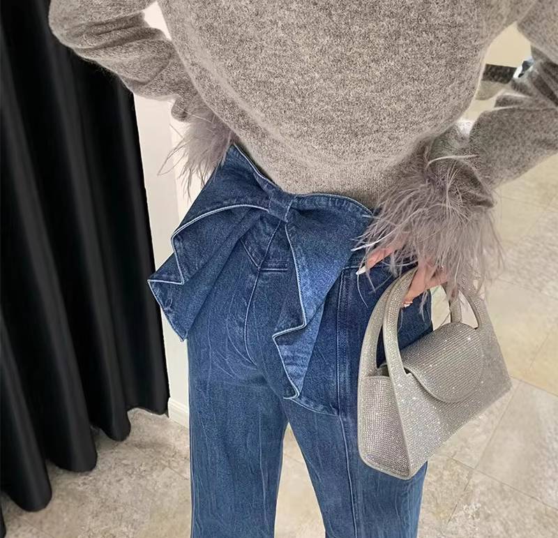 Casual Big Bow Ruffles Design High Waist Flare Slim Fit Denim Jeans - Image 3
