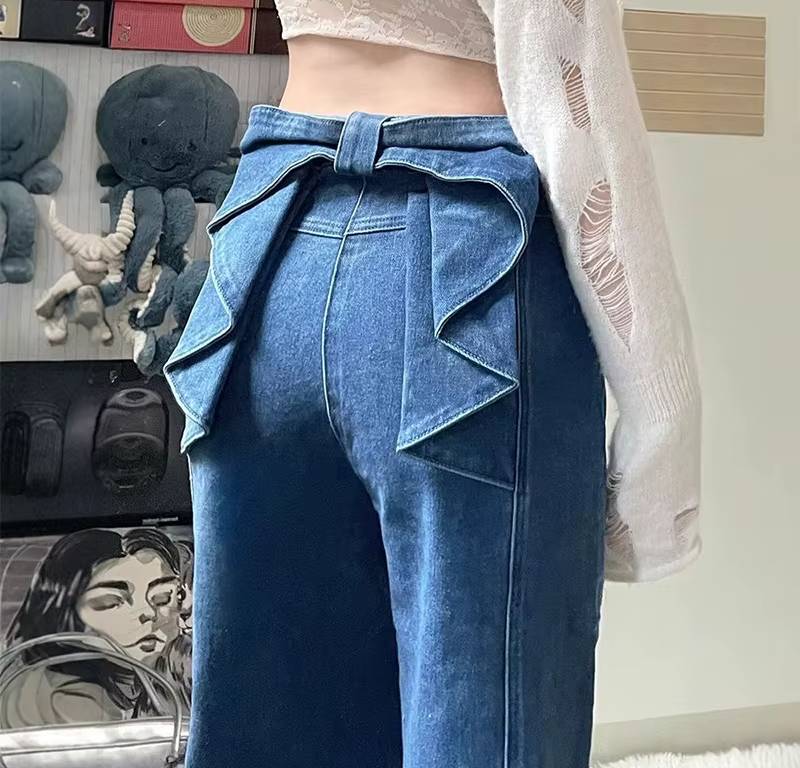 Casual Big Bow Ruffles Design High Waist Flare Slim Fit Denim Jeans - Image 7