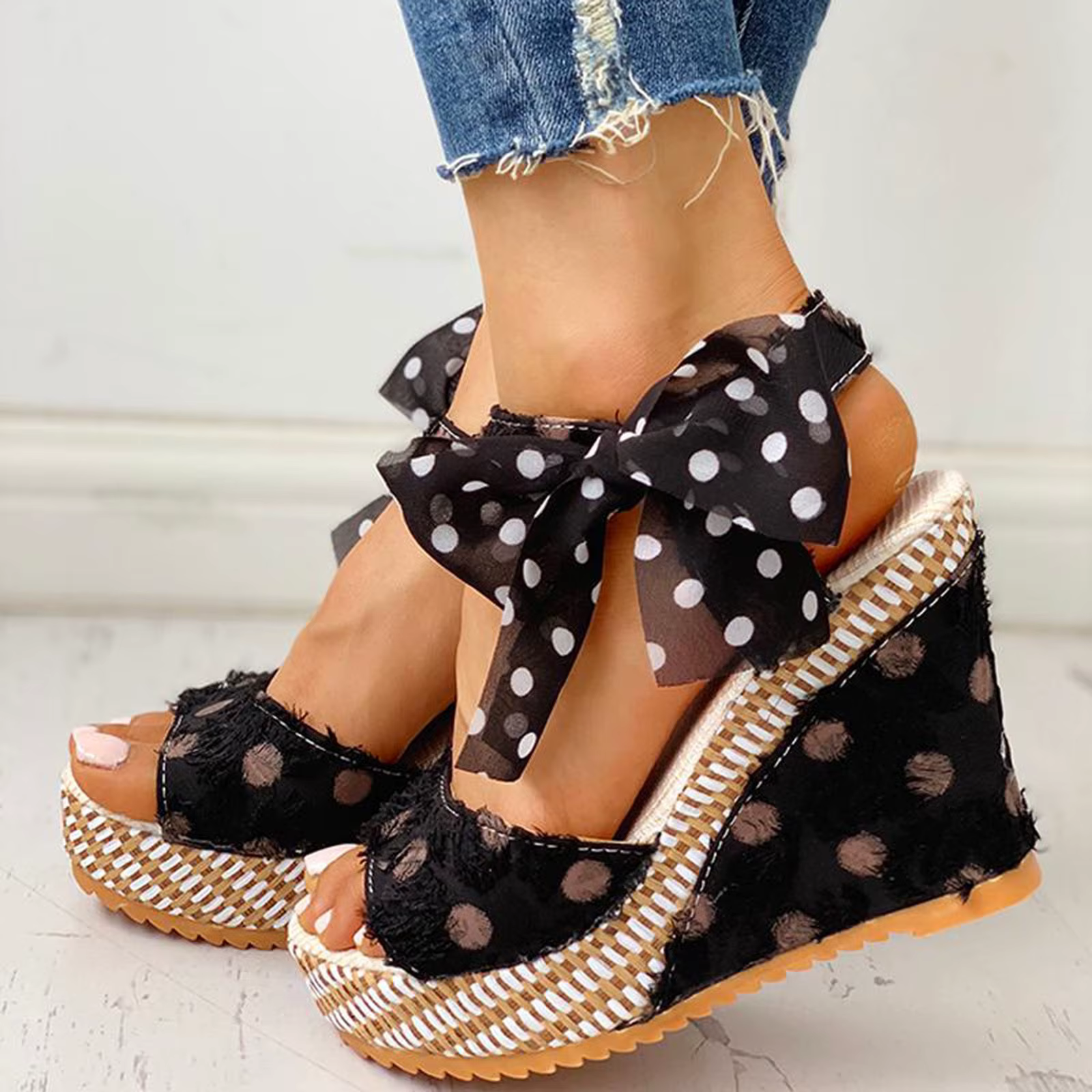 Casual Boknot Soft Animal Prints Ankle Strap Wedges Platform Heeled