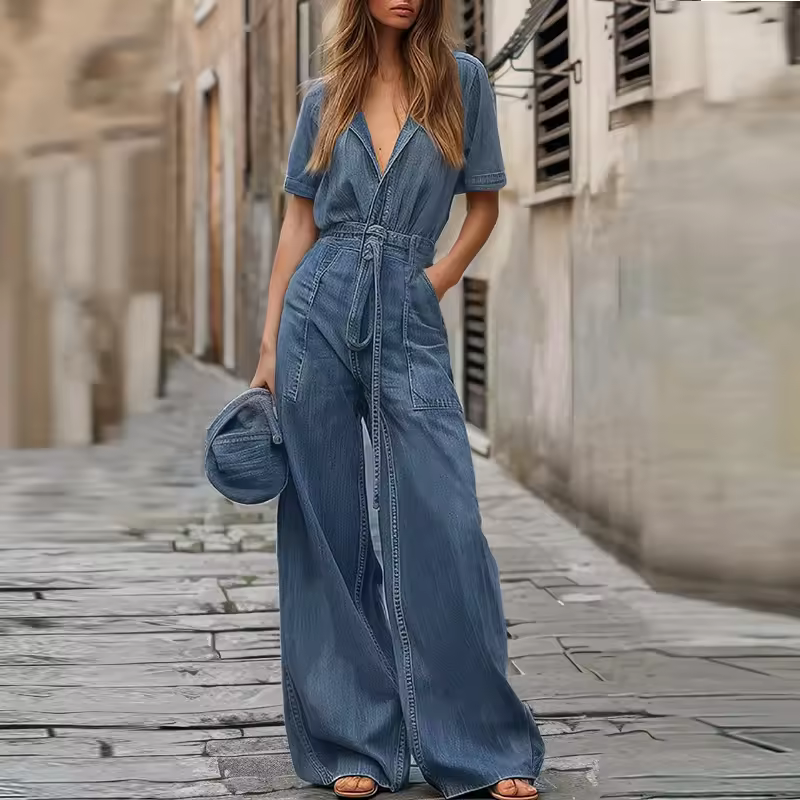Casual Button Down Long Pants Rompers with Pockets Short Sleeve Denim Jumpsuit