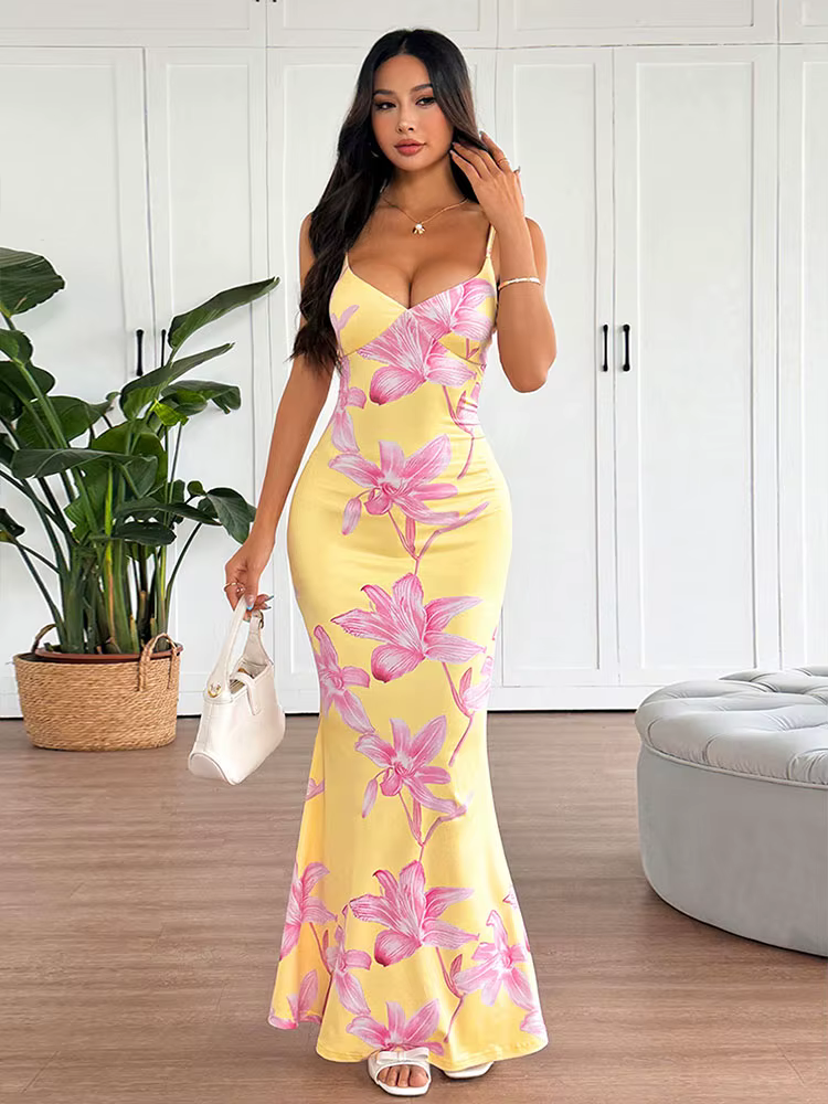 Casual Chest Wrapping Printed V-Neck Backless V-Neck Sling Maxi Dress - Image 5