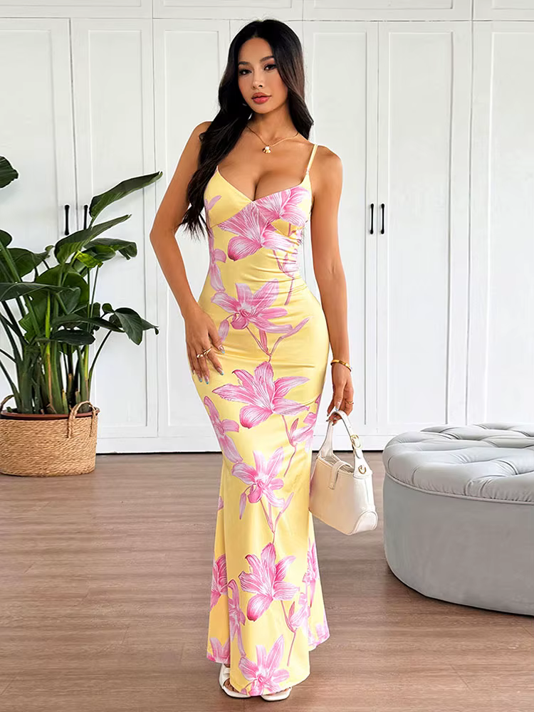 Casual Chest Wrapping Printed V-Neck Backless V-Neck Sling Maxi Dress