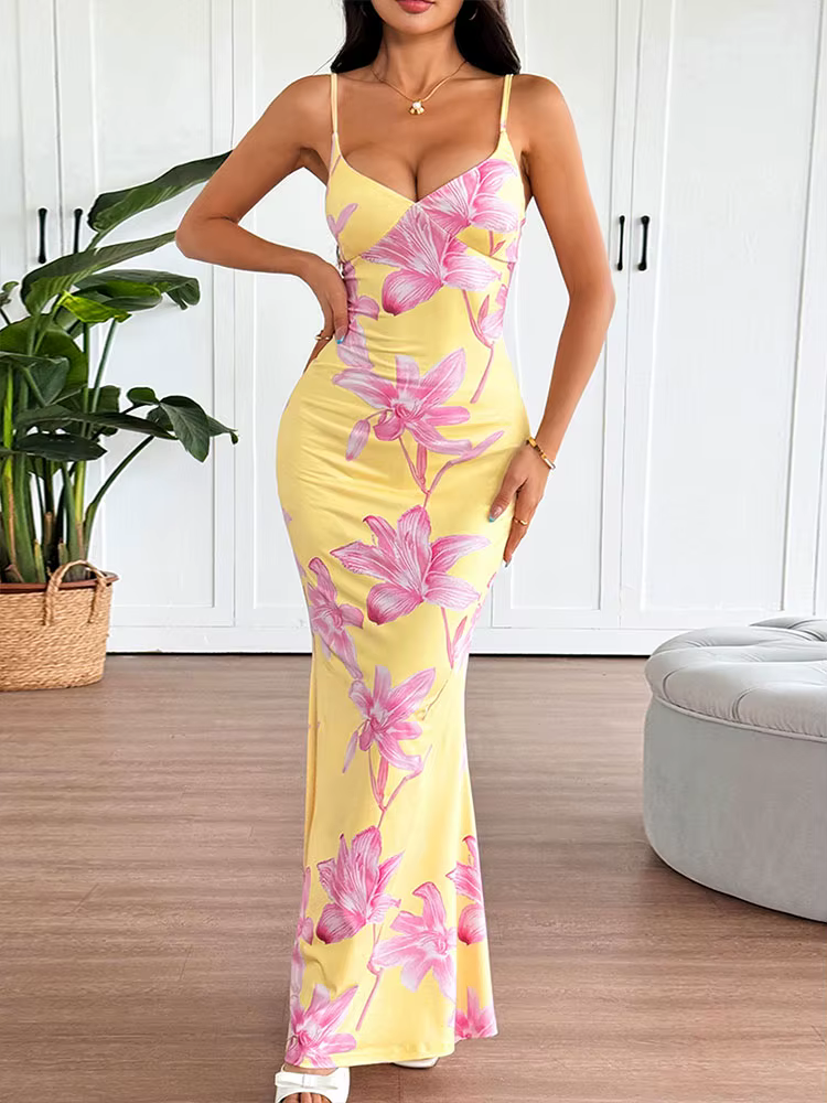 Casual Chest Wrapping Printed V-Neck Backless V-Neck Sling Maxi Dress - Image 2