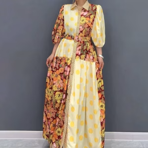 Casual Color Block Printing Lantern Sleeves Loose Maxi Dress