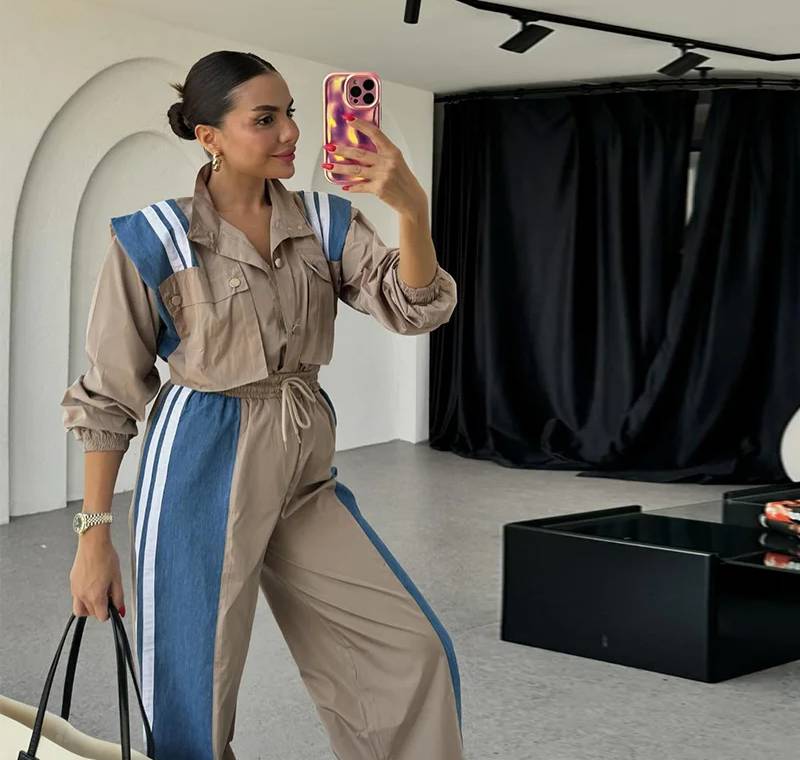 Casual Color-Block Splicing Side Stripe Design Shirt And Denim Pants 2 Piece Set - Image 5