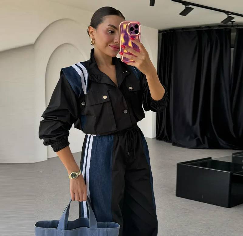 Casual Color-Block Splicing Side Stripe Design Shirt And Denim Pants 2 Piece Set - Image 2