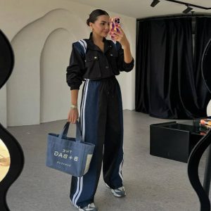 Casual Color-Block Splicing Side Stripe Design Shirt And Denim Pants 2 Piece Set