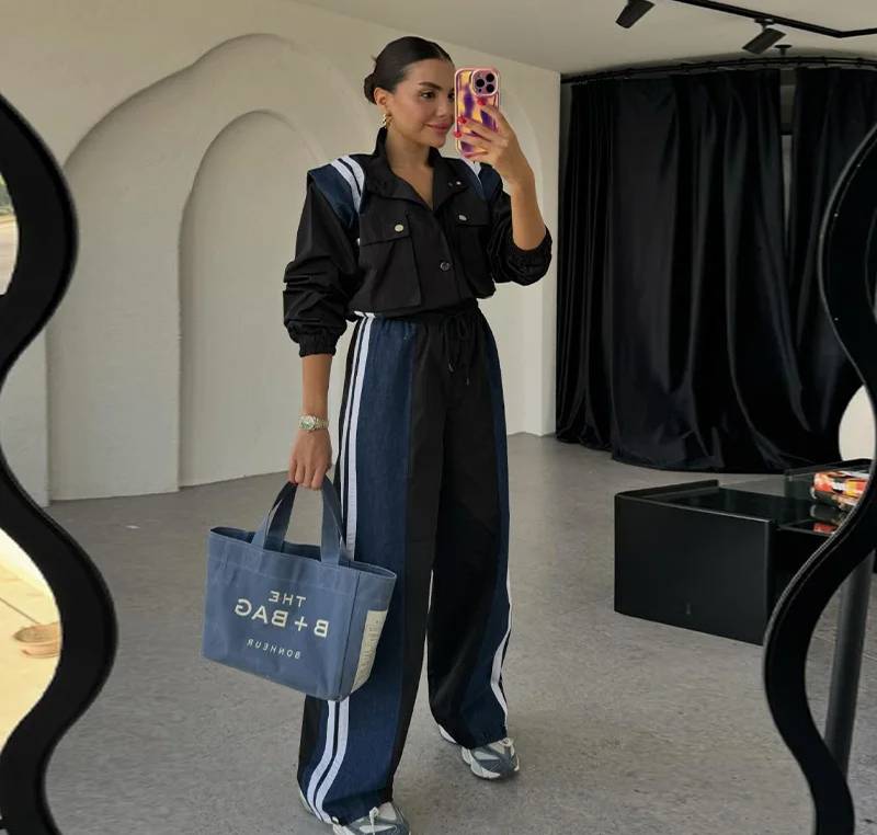 Casual Color-Block Splicing Side Stripe Design Shirt And Denim Pants 2 Piece Set