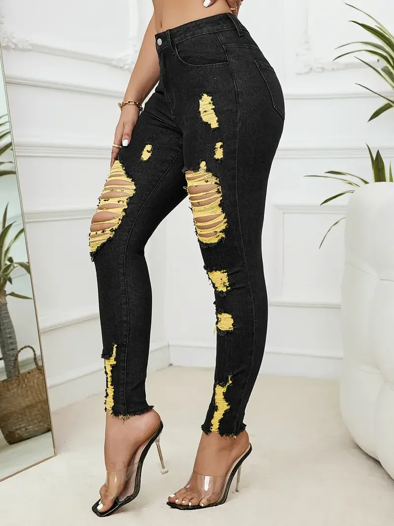 Casual Comfortable Knit Ripped High Stretch Skinny Denim Pencil Jeans - Image 8