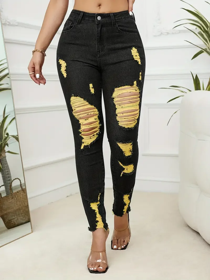 Casual Comfortable Knit Ripped High Stretch Skinny Denim Pencil Jeans - Image 6