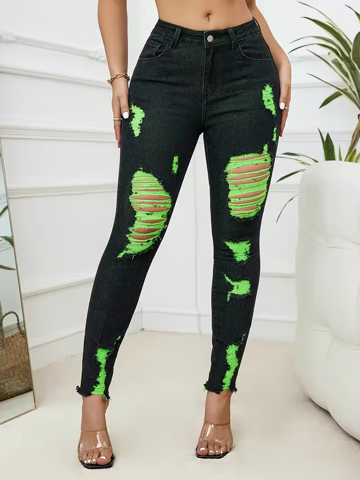 Casual Comfortable Knit Ripped High Stretch Skinny Denim Pencil Jeans - Image 2