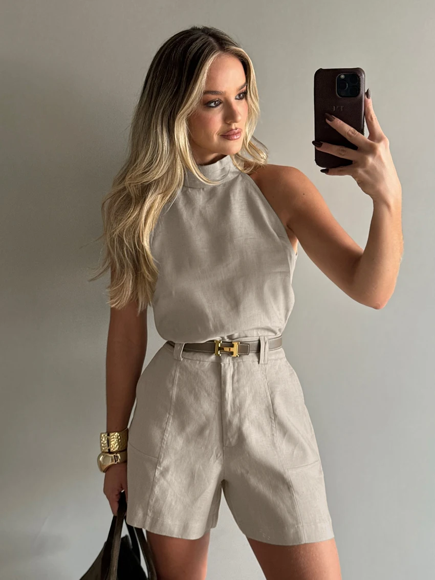 Casual Cotton O-Neck Sleepwear Sleeveless Crop Top And Pajamas 2 Piece Suit - Image 7