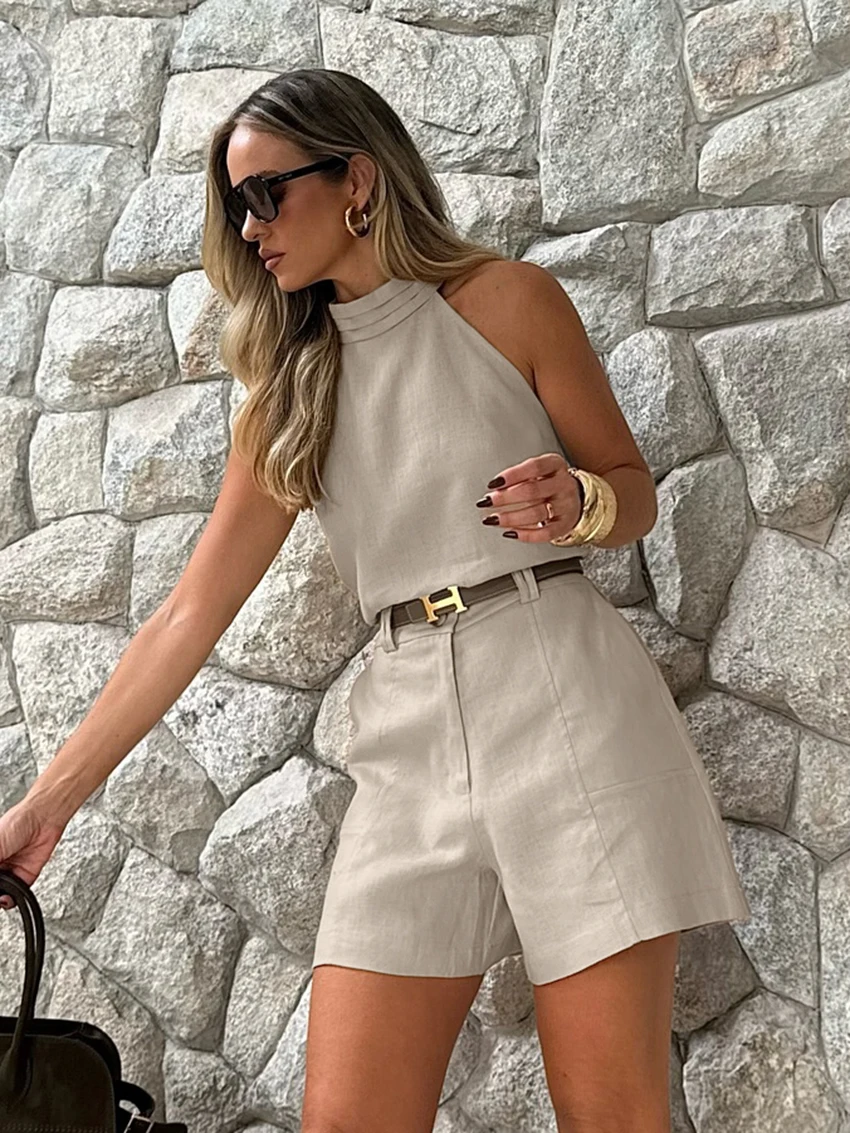 Casual Cotton O-Neck Sleepwear Sleeveless Crop Top And Pajamas 2 Piece Suit - Image 2