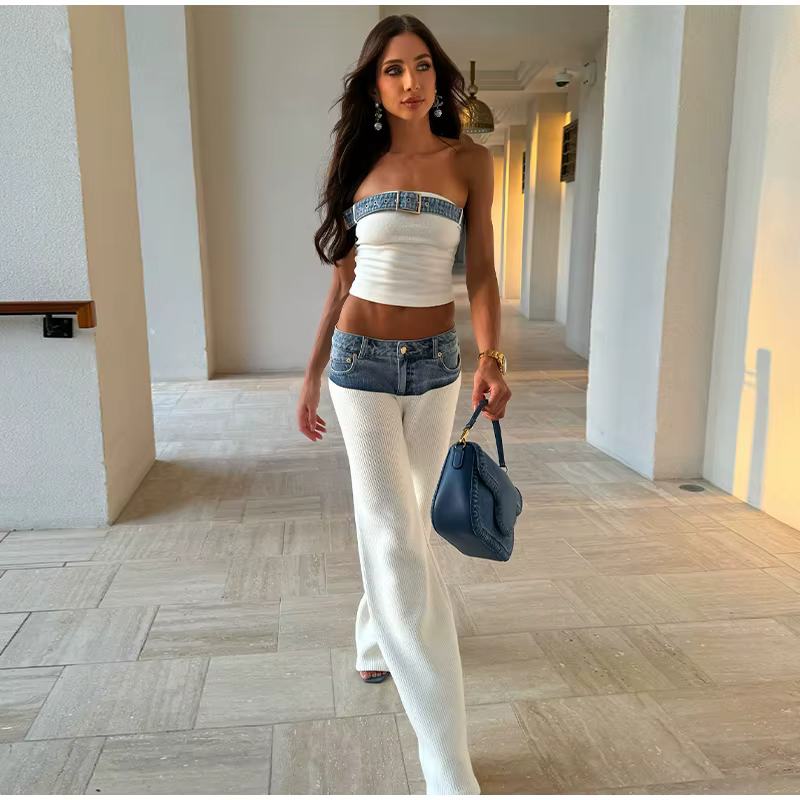 Casual Denim Contrast Vest Pants Knitted Sleeveless Tube Belt Vests Loose Trouser Two Piece Set