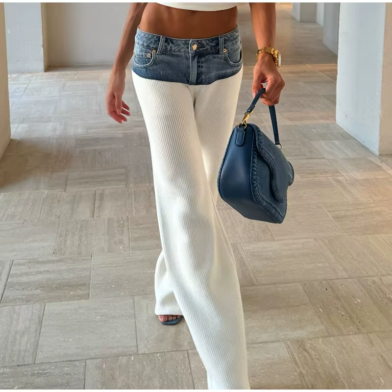 Casual Denim Contrast Vest Pants Knitted Sleeveless Tube Belt Vests Loose Trouser Two Piece Set - Image 4