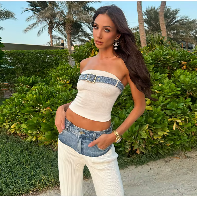 Casual Denim Contrast Vest Pants Knitted Sleeveless Tube Belt Vests Loose Trouser Two Piece Set - Image 6