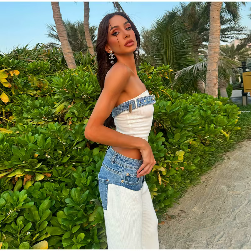 Casual Denim Contrast Vest Pants Knitted Sleeveless Tube Belt Vests Loose Trouser Two Piece Set - Image 3