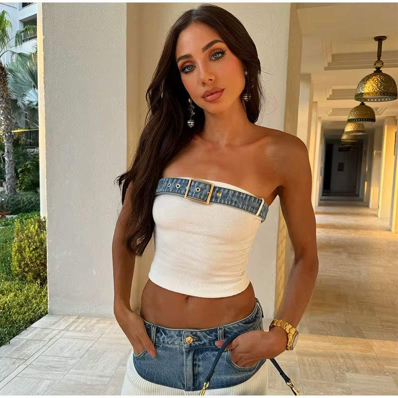 Casual Denim Contrast Vest Pants Knitted Sleeveless Tube Belt Vests Loose Trouser Two Piece Set - Image 8