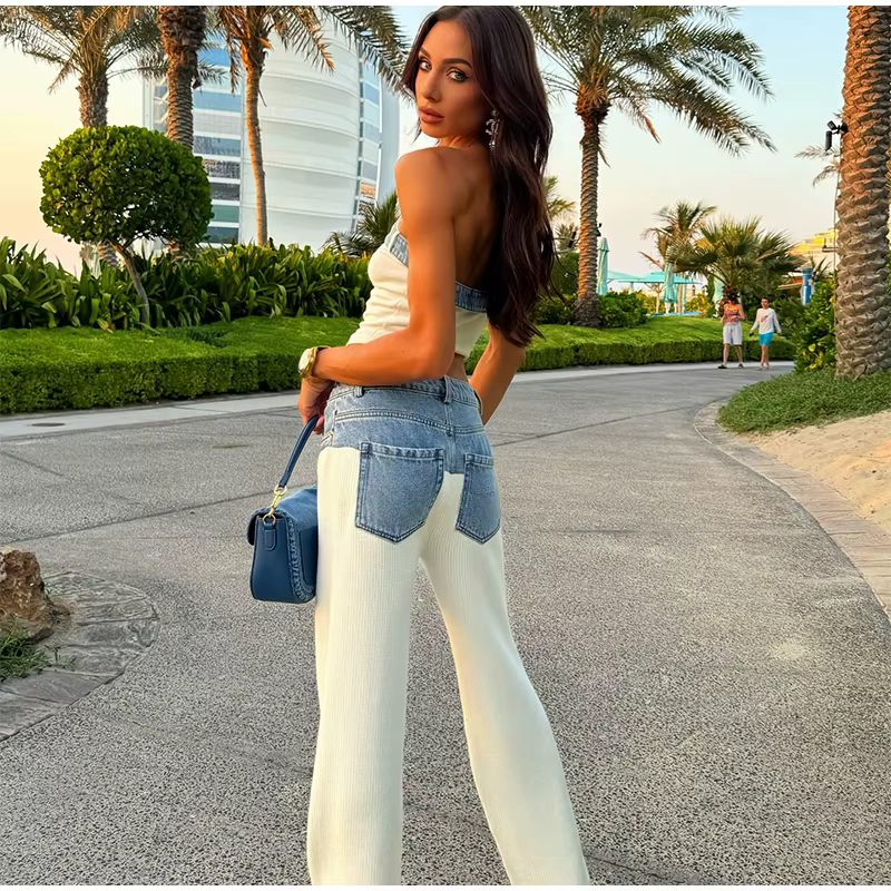 Casual Denim Contrast Vest Pants Knitted Sleeveless Tube Belt Vests Loose Trouser Two Piece Set - Image 9