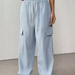 Casual Drawstring Striped Relaxed Fit With Side Pockets Cargo Pants