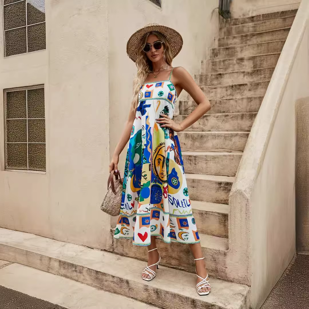 Casual Eye Catching Soft And Skin-Friendly Halter Printed Pocket Loose Midi Dress