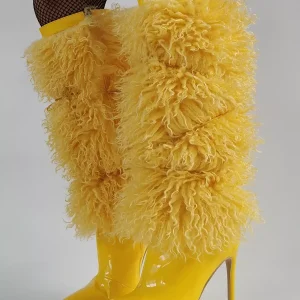 Casual Faux Fur Pointed Toe Cloth Wrapped Knee High Boots