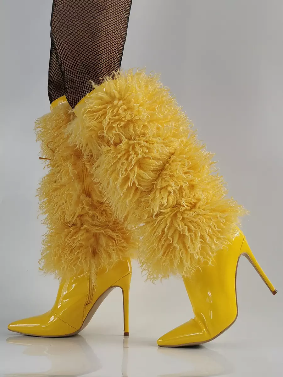 Casual Faux Fur Pointed Toe Cloth Wrapped Knee High Boots - Image 3