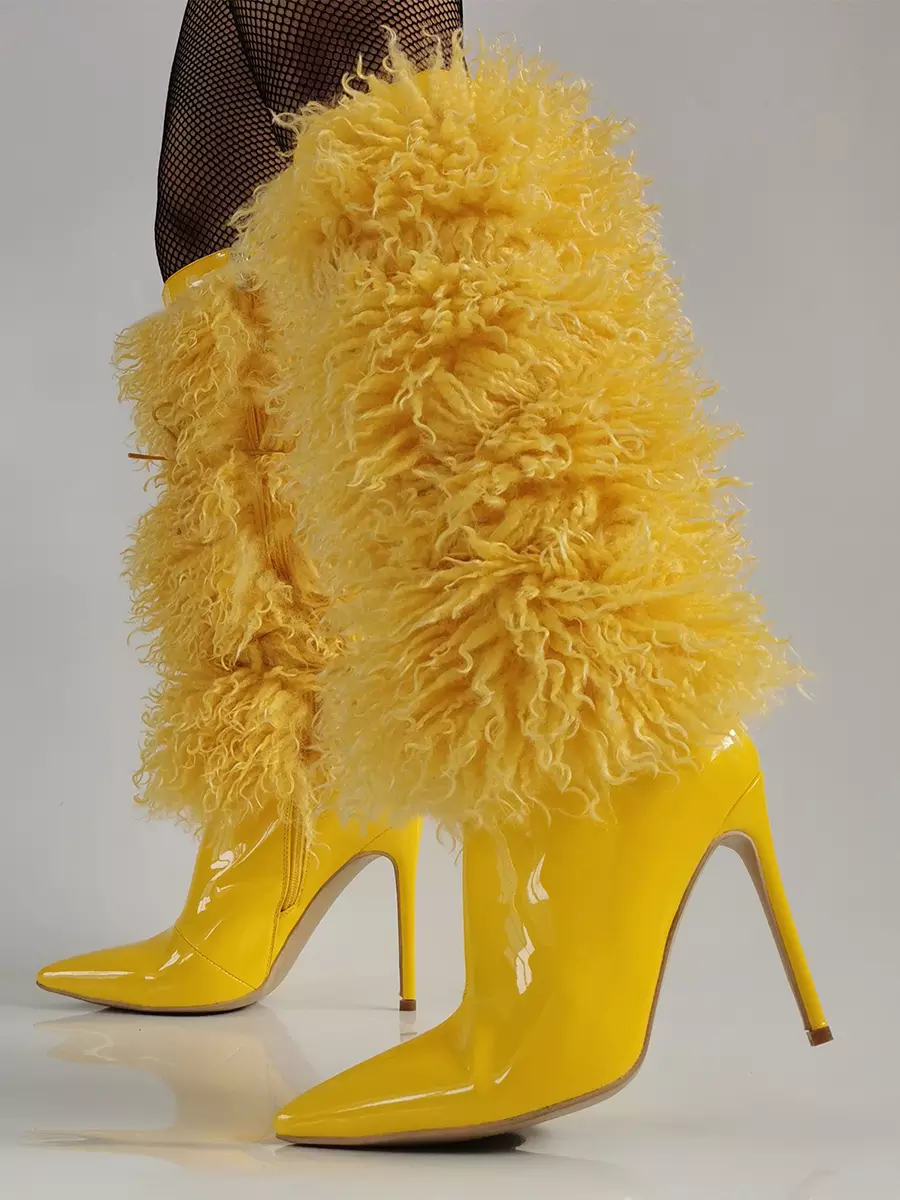 Casual Faux Fur Pointed Toe Cloth Wrapped Knee High Boots - Image 4