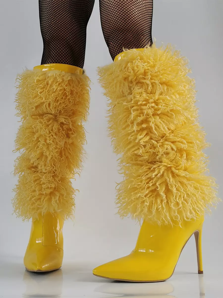 Casual Faux Fur Pointed Toe Cloth Wrapped Knee High Boots - Image 6