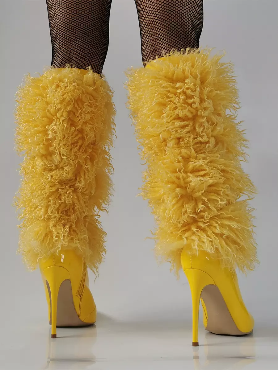 Casual Faux Fur Pointed Toe Cloth Wrapped Knee High Boots - Image 7