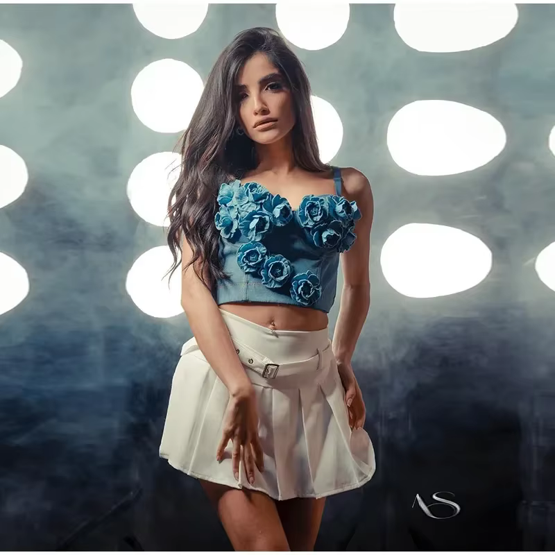 Casual Floral 3D Flower High Street Denim Tube Short Top