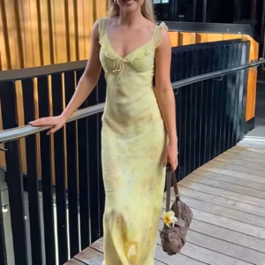 Casual Floral Halter Ruffle Pleated Print V-Neck Slim Fit Diagonal Cut Maxi Dress