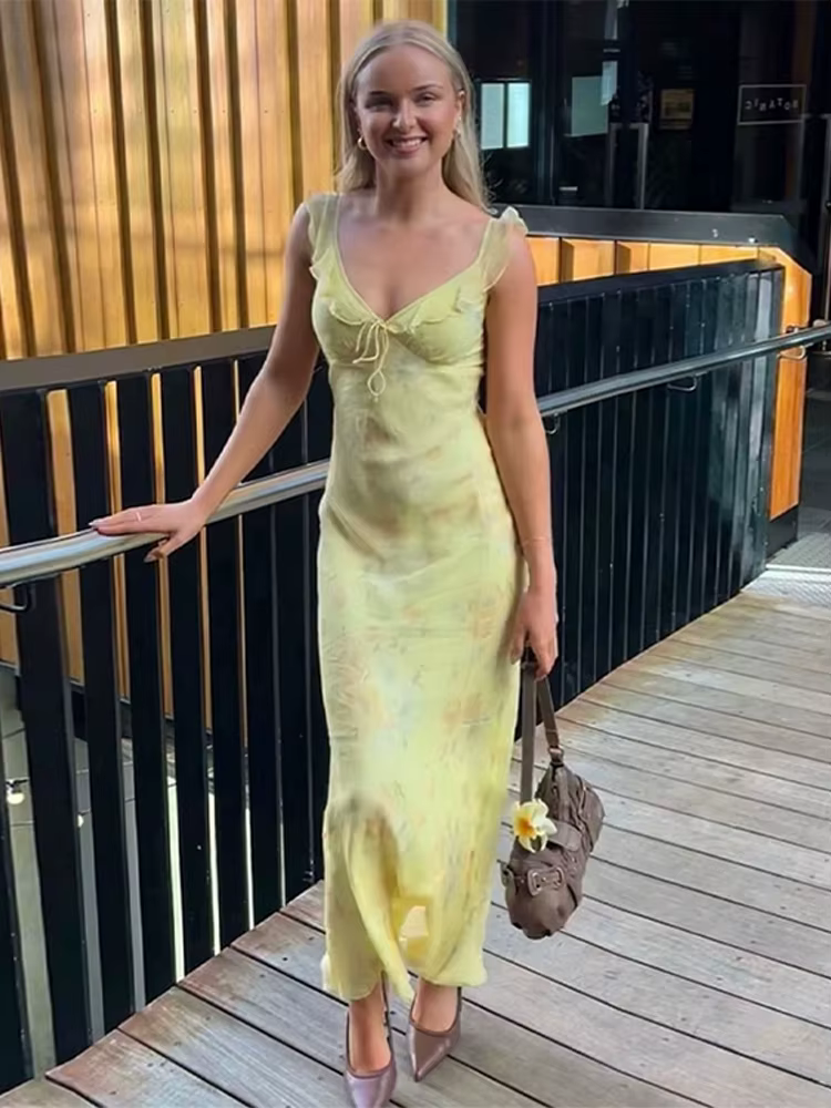 Casual Floral Halter Ruffle Pleated Print V-Neck Slim Fit Diagonal Cut Maxi Dress