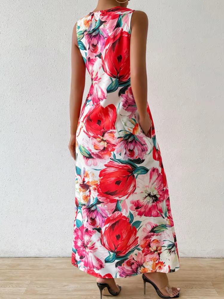 Casual Floral Print Lightweight Breathable V-Neck Sleeveless Maxi Dress - Image 4