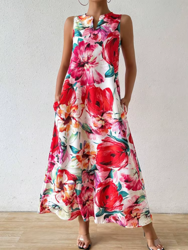Casual Floral Print Lightweight Breathable V-Neck Sleeveless Maxi Dress - Image 3