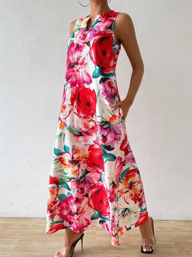 Casual Floral Print Lightweight Breathable V-Neck Sleeveless Maxi Dress