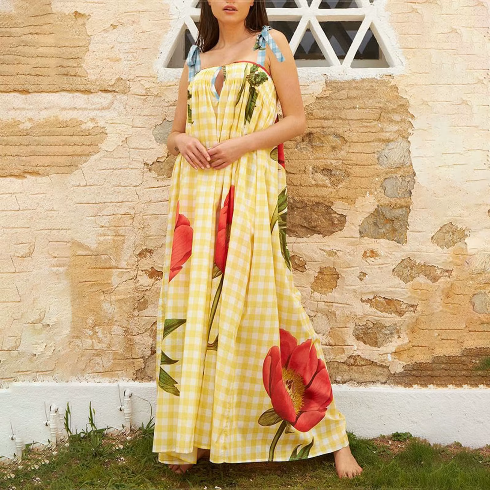 Casual Floral Print Square Collar Print Loose Floor-Length Maxi Dress