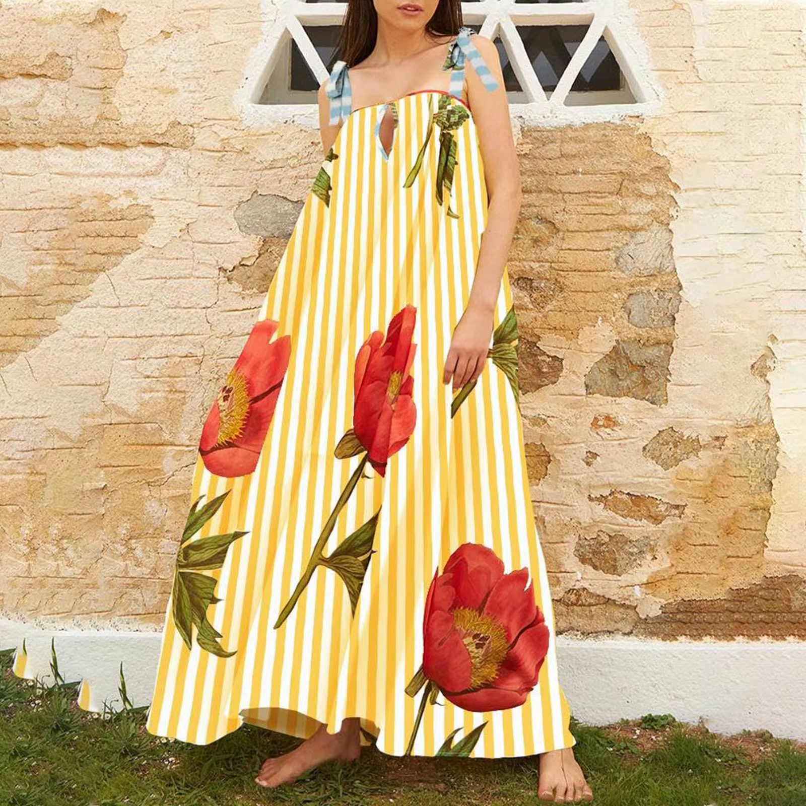 Casual Floral Print Square Collar Print Loose Floor-Length Maxi Dress - Image 4